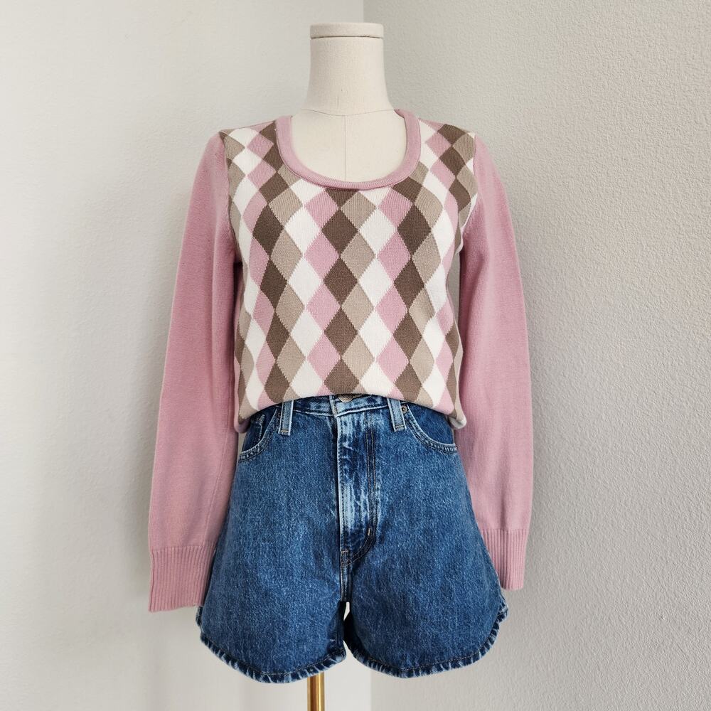 Vintage Y2K Liz Claiborne Pink Argyle Knit Sweater Long Sleeve Cotton Scoop S